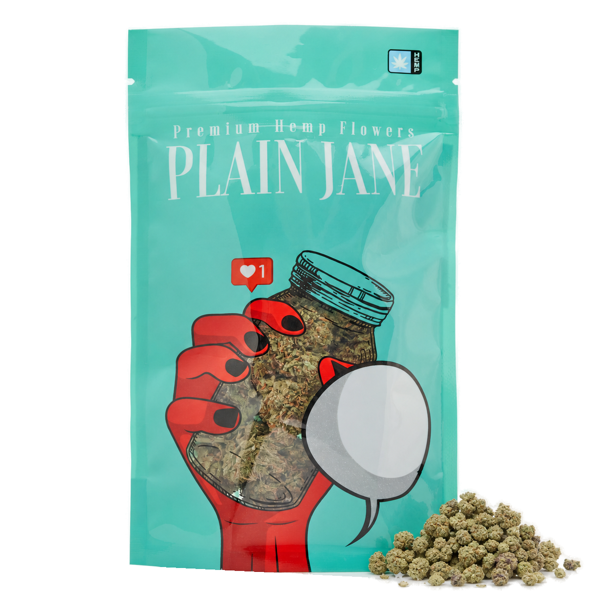 Plain Jane hemp flower bag with a representative pile of THCA small buds