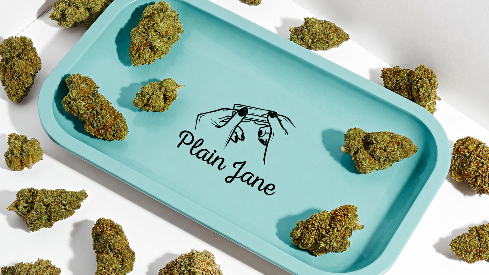 Plain Jane blue rolling tray surrounded by THCA small buds