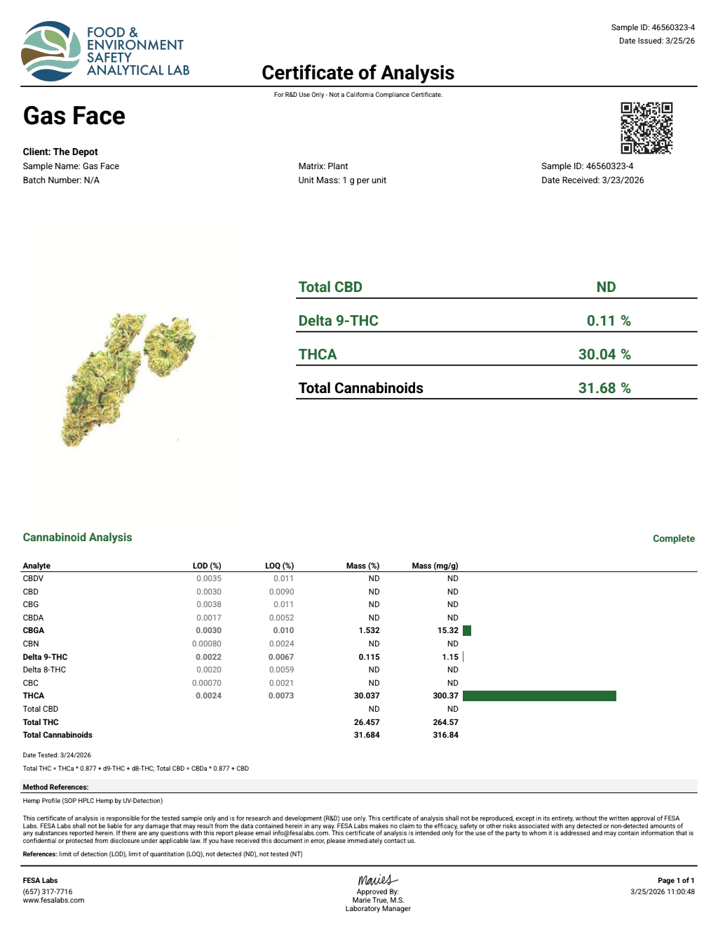 Certificate of analysis for Gas Face bulk THCA flower