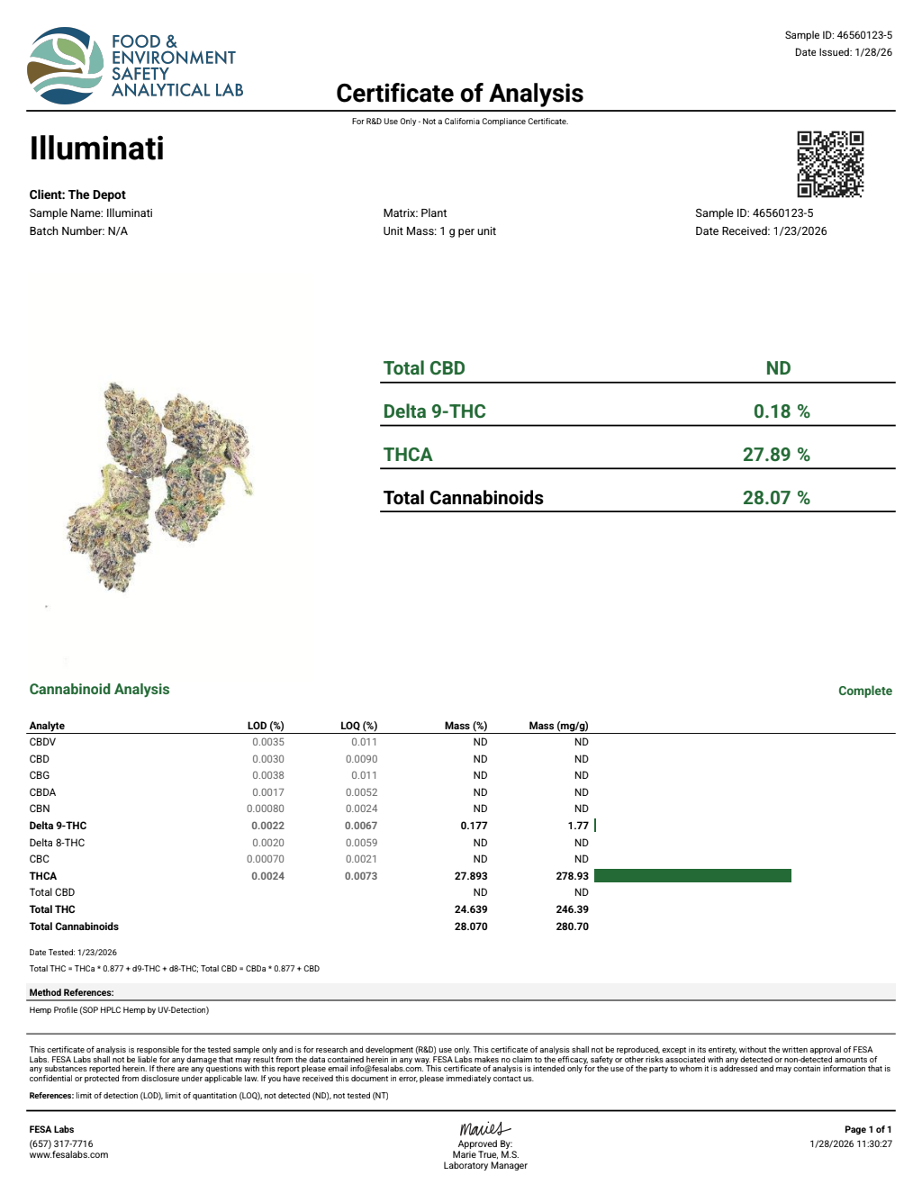 Certificate of analysis for Illuminati bulk THCA flower
