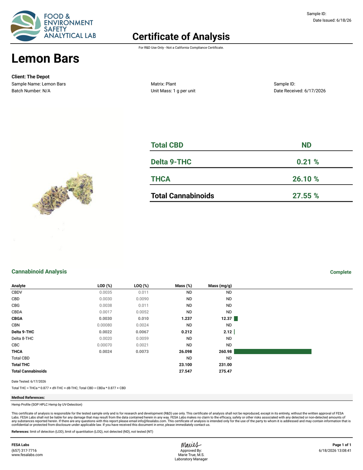 COA - Lemon Bars - FESA Labs 46560617-20