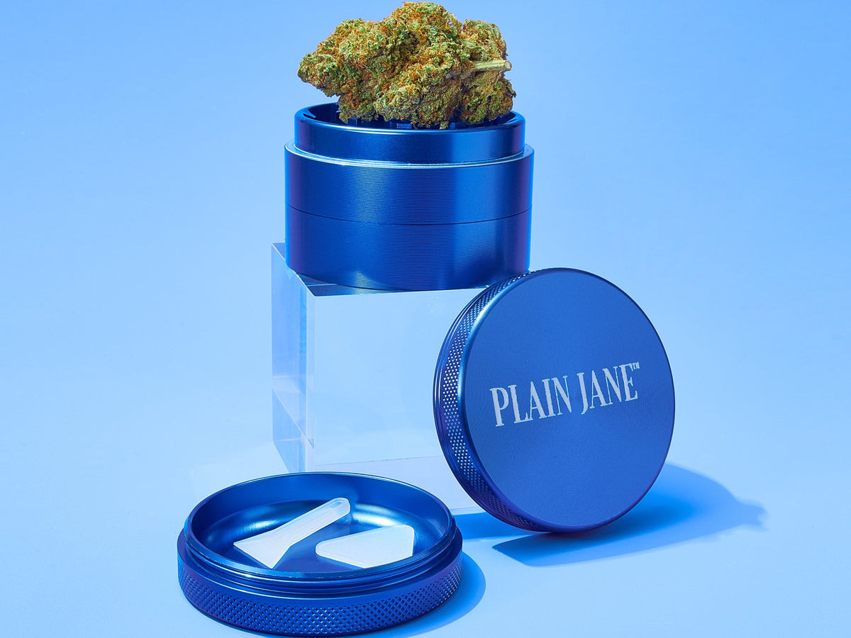 Plain Jane blue grinder with fresh cannabis flower