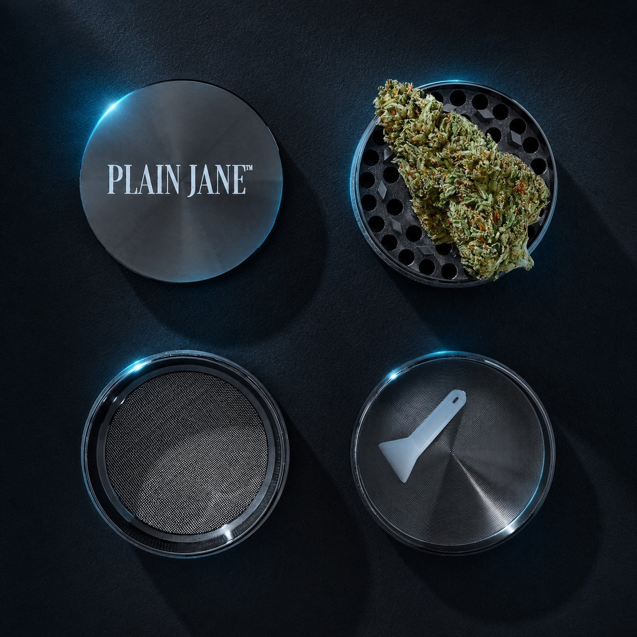 Plain Jane gunmetal grinder displayed in four parts with flower on a turquoise-lit black background