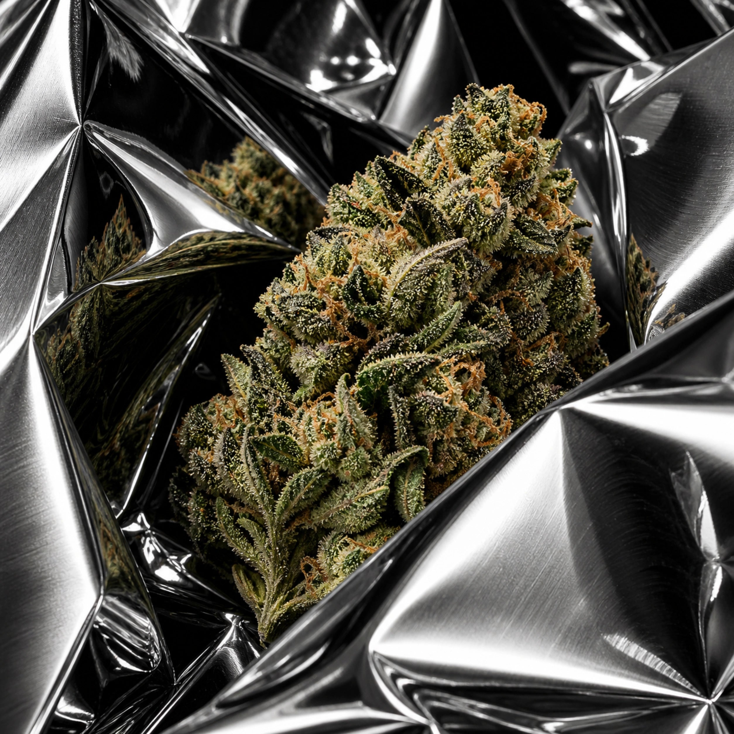 THCA flower emerging from sculptural folds of reflective silver material
