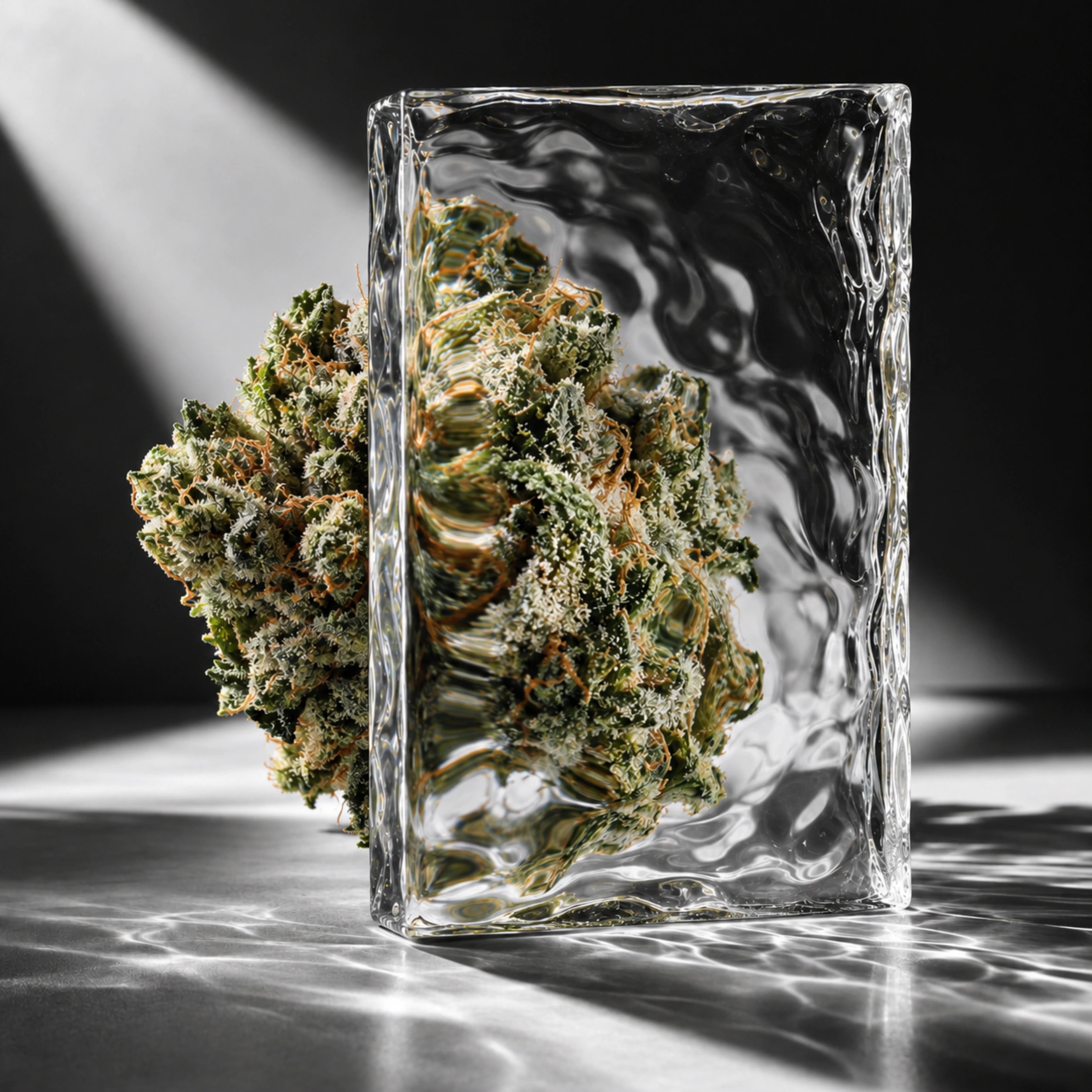 Hemp flower bud magnified and refracted through sculptural glass