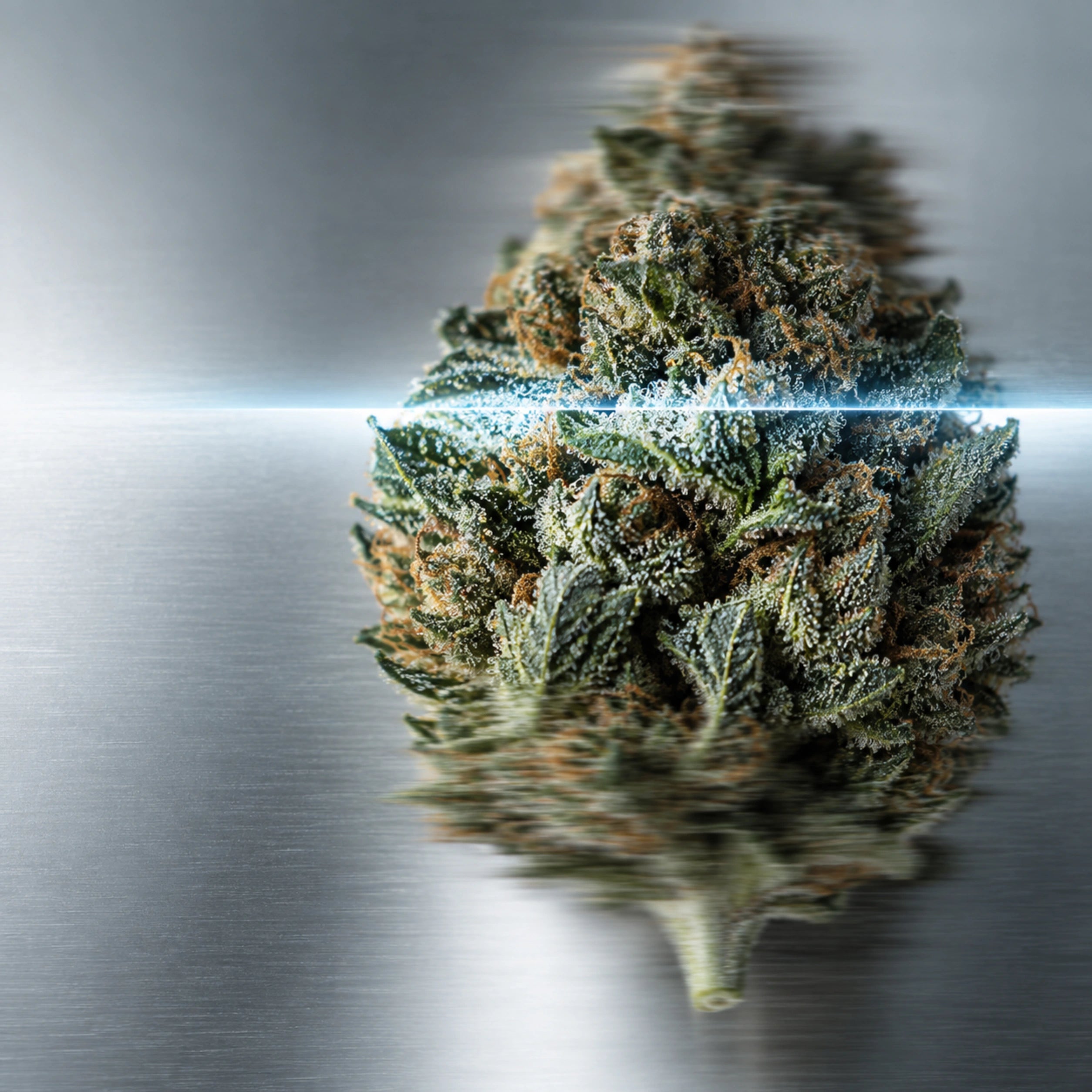 Macro THCA flower photographed through a horizontal optical scan of cool light