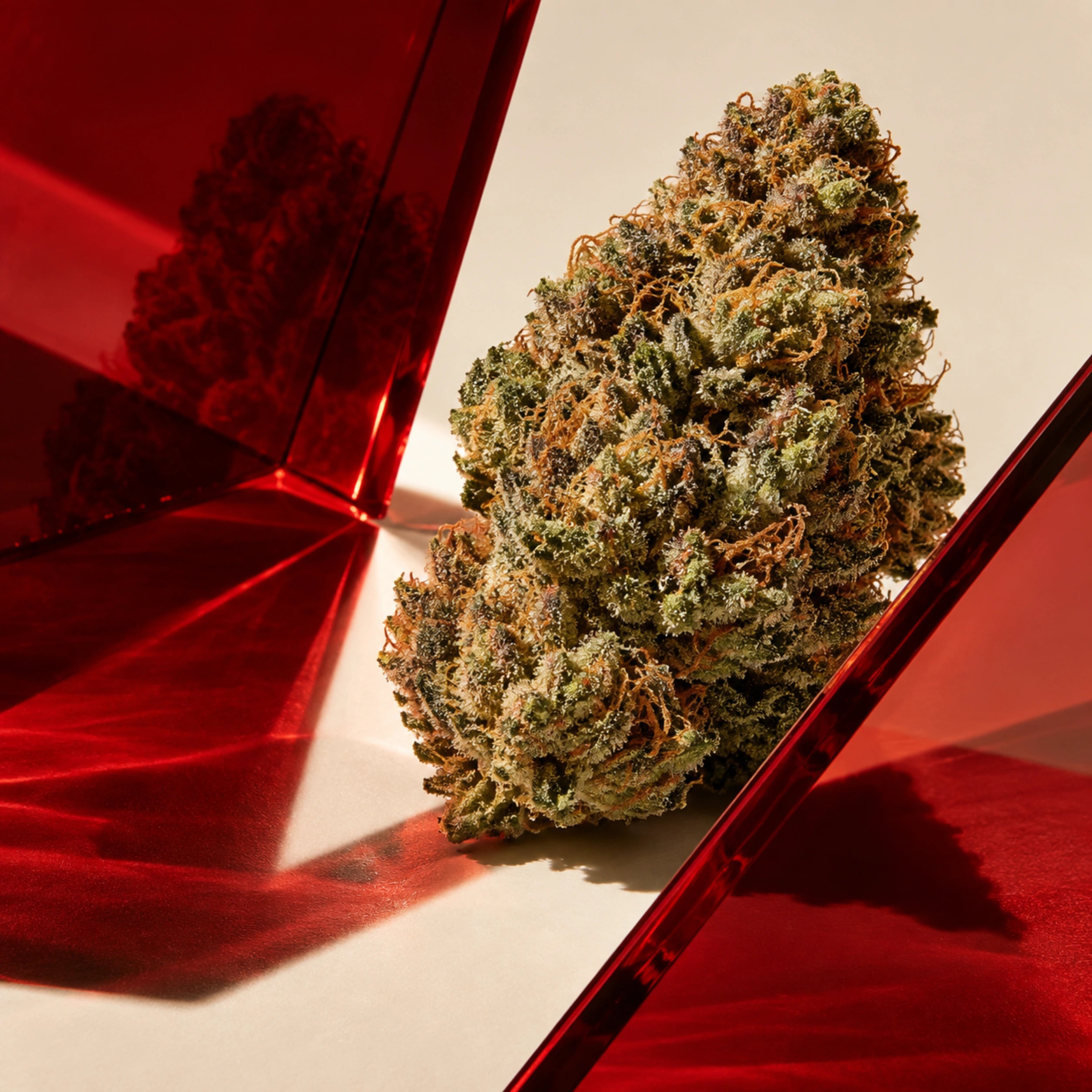 THCA flower framed by translucent red acrylic and hard studio light