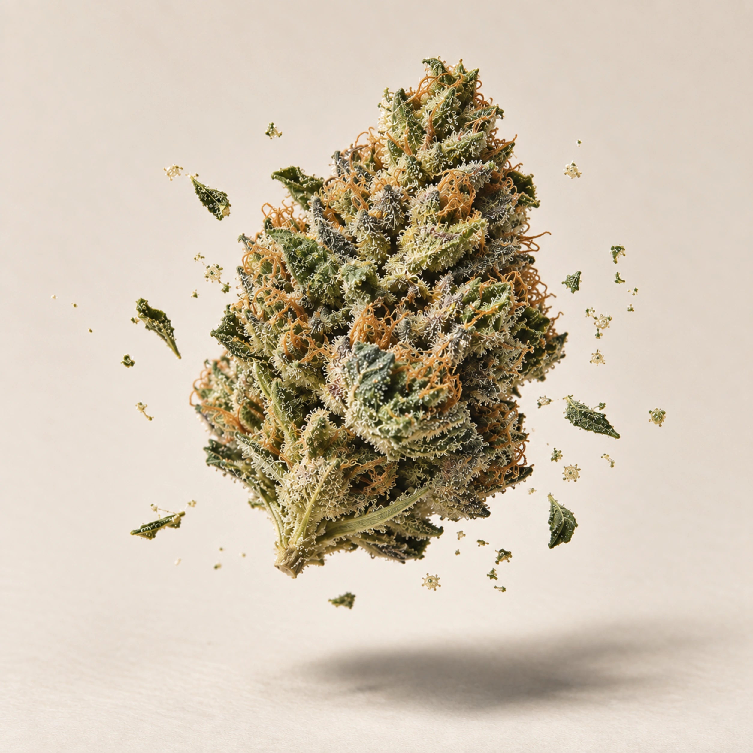 Hemp flower bud floating against a warm studio backdrop