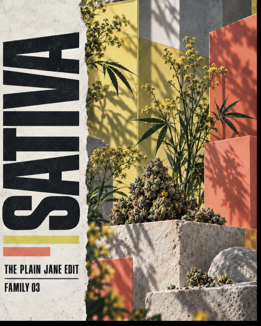 Plain Jane Sativa artwork with bright architectural light and hard shadows