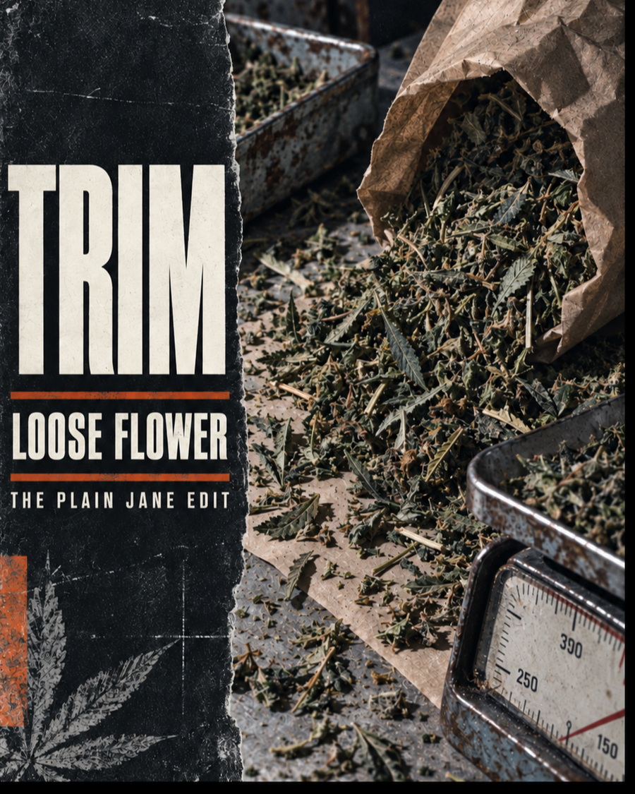 Plain Jane THCA trim artwork with loose plant material on a work surface